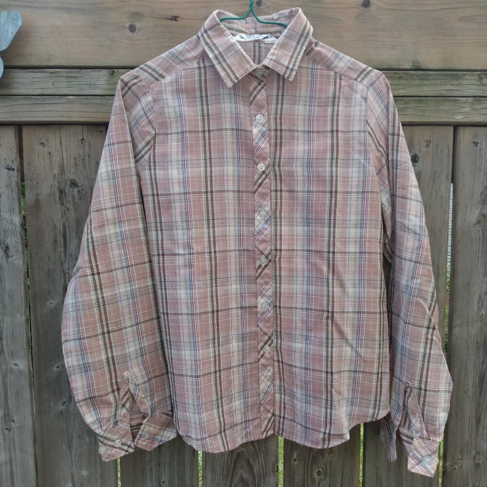 Vintage Plaid Shirt Light Brown Size 38 40"B Made in Hong Kong Retro 80s